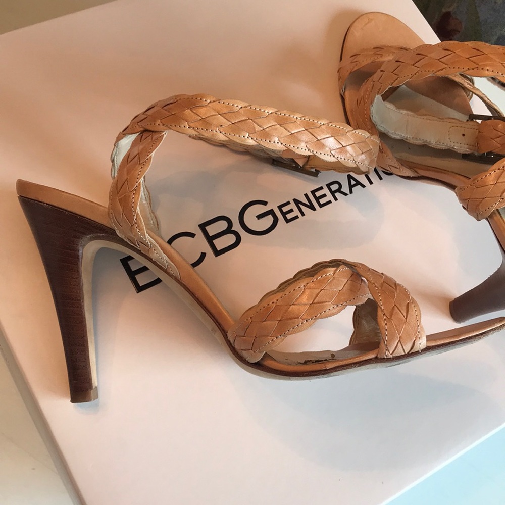 Anne Klein woven leather stacked heel sandals